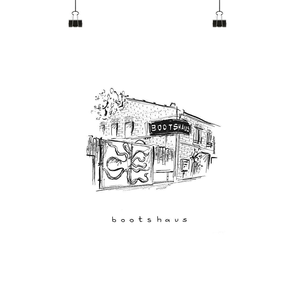 Eine schwarz-weiß Zeichnung von Bootshaus in Köln Mülheim. Der Name des Clubs ist unter die Zeichnung geschrieben. Das Bild gibt es als A4 oder A3 Poster bei YourLocalArtDealer im Onlineshop zu kaufen. Gezeichnet von der Künstlerin manamolotov aus Köln. Das Poster ist perfekt geeignet als Erinnerung und Geschenk für Freunde und Familie.  