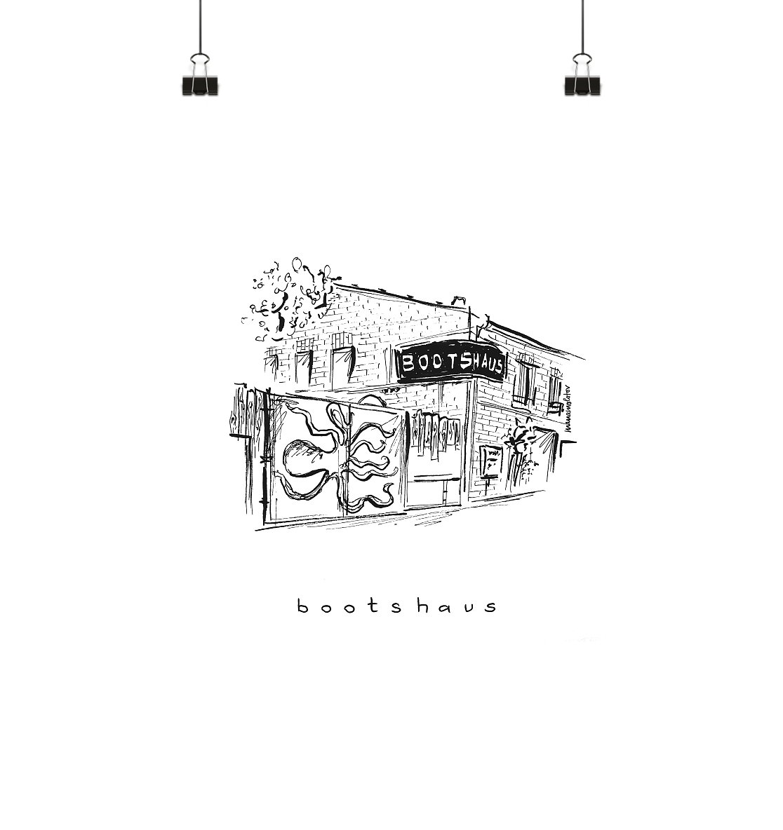 Eine schwarz-weiß Zeichnung von Bootshaus in Köln Mülheim. Der Name des Clubs ist unter die Zeichnung geschrieben. Das Bild gibt es als A4 oder A3 Poster bei YourLocalArtDealer im Onlineshop zu kaufen. Gezeichnet von der Künstlerin manamolotov aus Köln. Das Poster ist perfekt geeignet als Erinnerung und Geschenk für Freunde und Familie.  