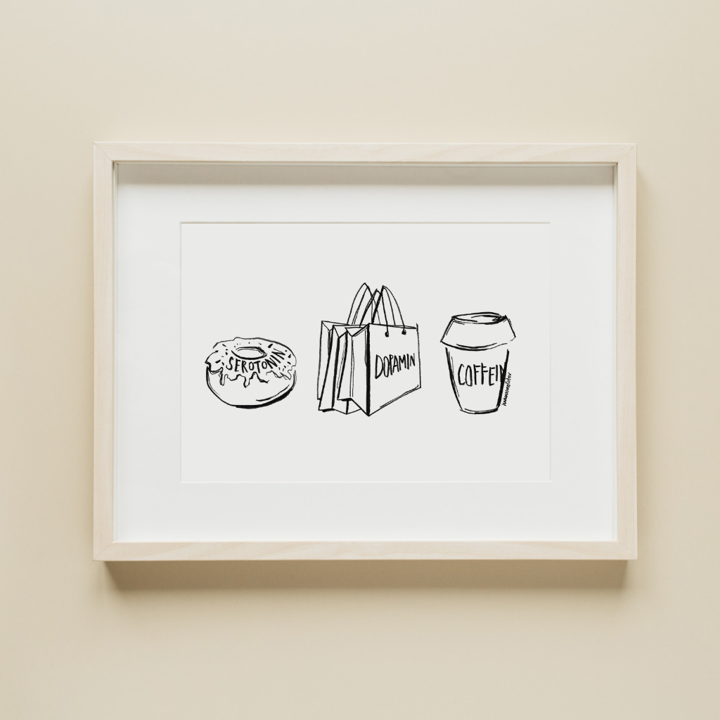 Eine schwarz-weiß Zeichnung von einem Dounat, Shoppingtüten und einem To-go Café-Becher gezeichnet von der Künstlerin manamolotov. Das Bild gibt es als A4 oder A3 Poster bei YourLocalArtDealer im Onlineshop zu kaufen. Das Poster ist perfekt geeignet als Erinnerung oder Geschenk für Kölner Freunde und Familie.