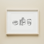 Eine schwarz-weiß Zeichnung von einem Dounat, Shoppingtüten und einem To-go Café-Becher gezeichnet von der Künstlerin manamolotov. Das Bild gibt es als A4 oder A3 Poster bei YourLocalArtDealer im Onlineshop zu kaufen. Das Poster ist perfekt geeignet als Erinnerung oder Geschenk für Kölner Freunde und Familie.