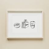 Eine schwarz-weiß Zeichnung von einem Dounat, Shoppingtüten und einem To-go Café-Becher gezeichnet von der Künstlerin manamolotov. Das Bild gibt es als A4 oder A3 Poster bei YourLocalArtDealer im Onlineshop zu kaufen. Das Poster ist perfekt geeignet als Erinnerung oder Geschenk für Kölner Freunde und Familie.