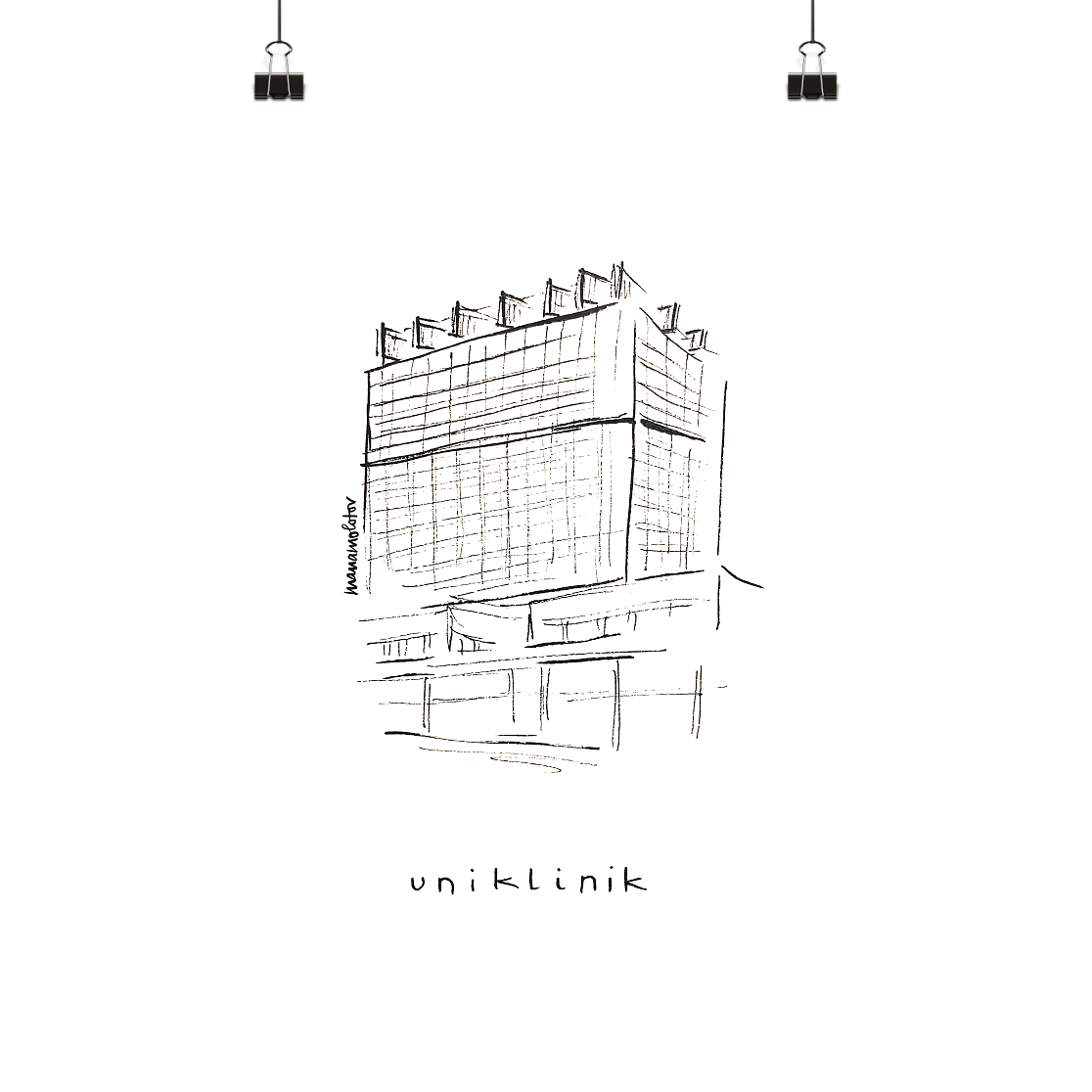 Eine schwarz-weiß Zeichnung des Bettenhauses der Uniklinik in Köln in Lindenthal, gezeichnet von der Künstlerin manamolotov. Der Name des Restaurants ist unter die Zeichnung geschrieben. Das Bild gibt es als A4 oder A3 Poster bei YourLocalArtDealer im Onlineshop zu kaufen. Das Poster ist perfekt geeignet als Erinnerung oder Geschenk für Kölner Freunde und Familie.