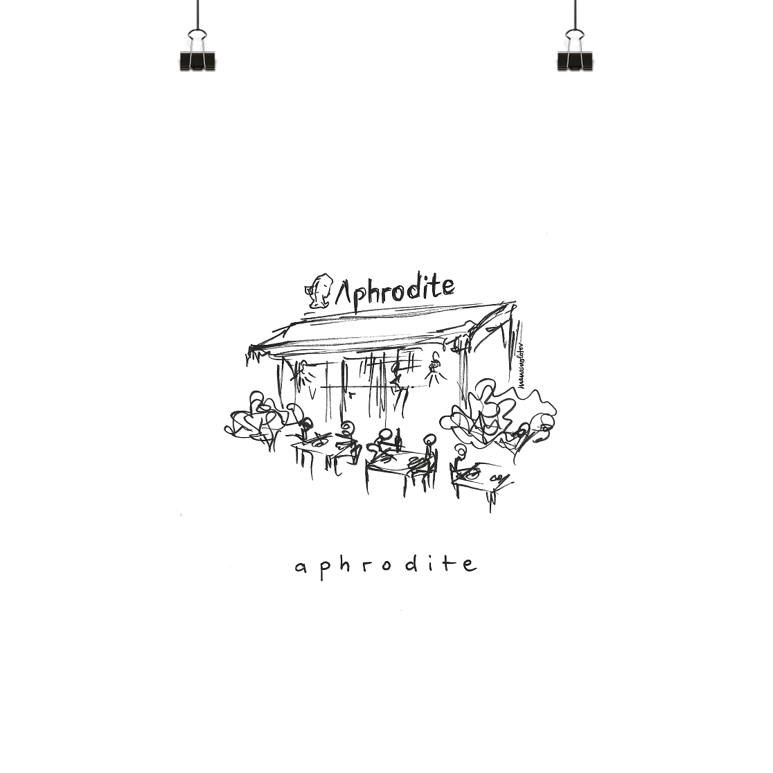 Eine schwarz-weiß Zeichnung des Restaurants Aphrodite in Köln Junkersdorf, gezeichnet von der Künstlerin manamolotov. Der Name des Restaurants ist unter die Zeichnung geschrieben. Das Bild gibt es als A4 oder A3 Poster bei YourLocalArtDealer im Onlineshop zu kaufen. Das Poster ist perfekt geeignet als Erinnerung oder Geschenk für Kölner Freunde und Familie.