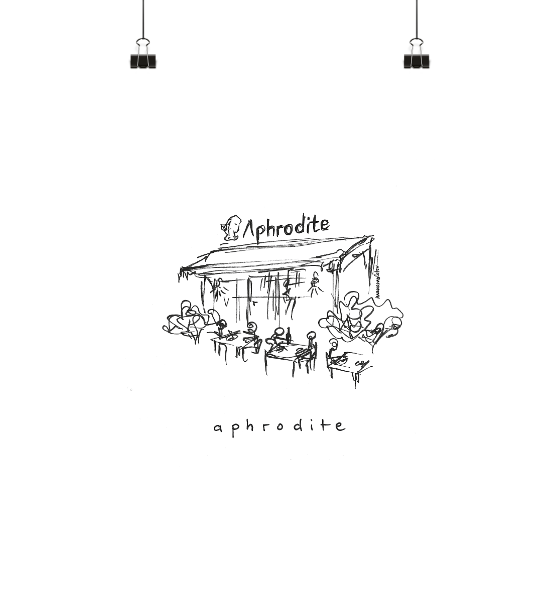 Eine schwarz-weiß Zeichnung des Restaurants Aphrodite in Köln Junkersdorf, gezeichnet von der Künstlerin manamolotov. Der Name des Restaurants ist unter die Zeichnung geschrieben. Das Bild gibt es als A4 oder A3 Poster bei YourLocalArtDealer im Onlineshop zu kaufen. Das Poster ist perfekt geeignet als Erinnerung oder Geschenk für Kölner Freunde und Familie.