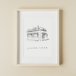 Eine schwarz-weiß Zeichnung von der Joode Lade Bar illustriert von der Künstlerin manamolotov. Der Laden der Bar ist unter der Zeichnung geschrieben. Die Zeichnung gibt es als A4 oder A3 Poster im Onlineshop von YourLocalArtDealer zu kaufen. Das Poster eignet sich perfekt als Erinnerung oder Geschenk für Freunde und Familie.