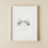 Eine schwarz-weiß Zeichnung des Kanals in Lindenthal illustriert von der Künstlerin manamolotov. Darunter ist der Name des Viertel geschrieben. Die Zeichnung gibt es als A4 oder A3 Poster bei YouLocalArtDealer im Onlineshop zu kaufen. Das Poster eignet sich perfekt als Erinnerung oder Geschenk für Freunde und Familie.